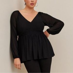 Torrid Stretch Mesh V-Neck Smocked Waist Babydoll Top Black Size 2